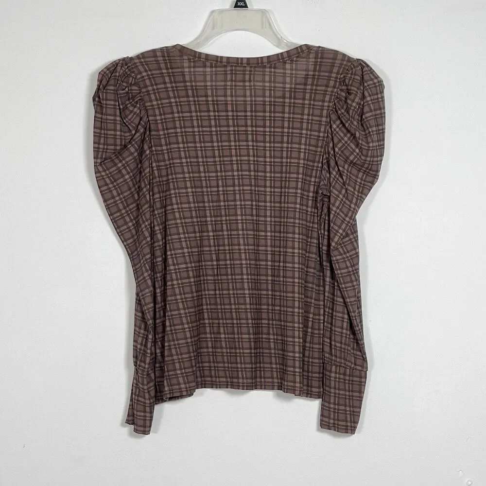 Nation Ltd Long Sleeve Top Sz L Plaid Brown 100% Pima Cotton MInimalist - Picture 6 of 12